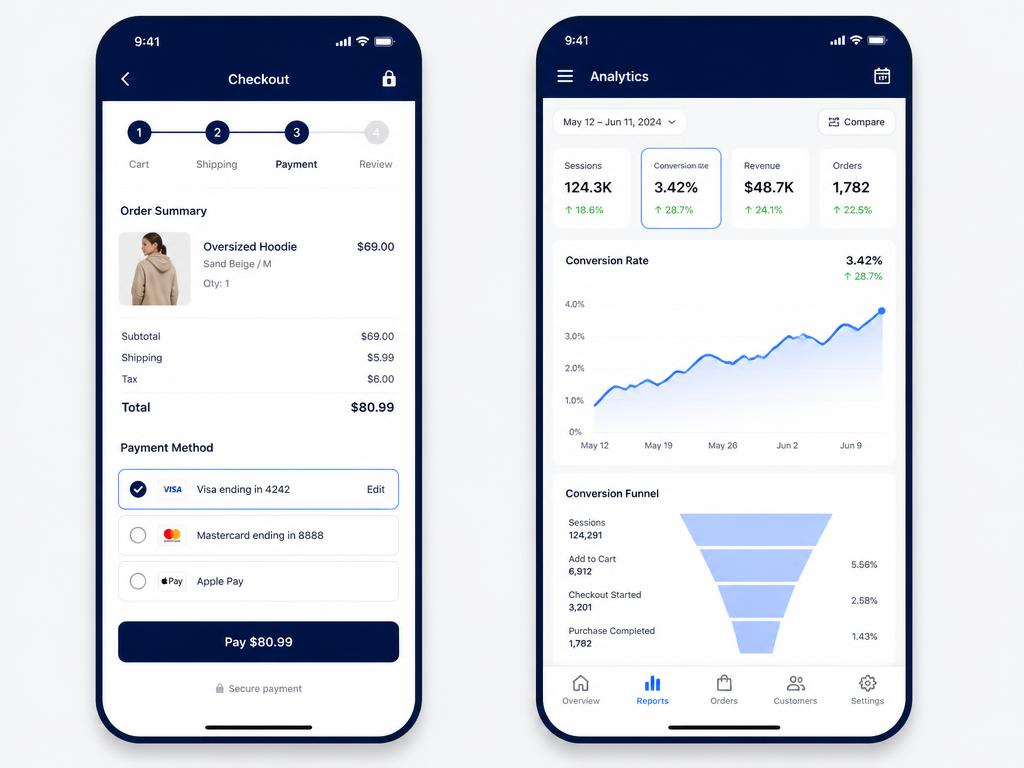 Mobile checkout and ecommerce analytics dashboards showing conversion growth