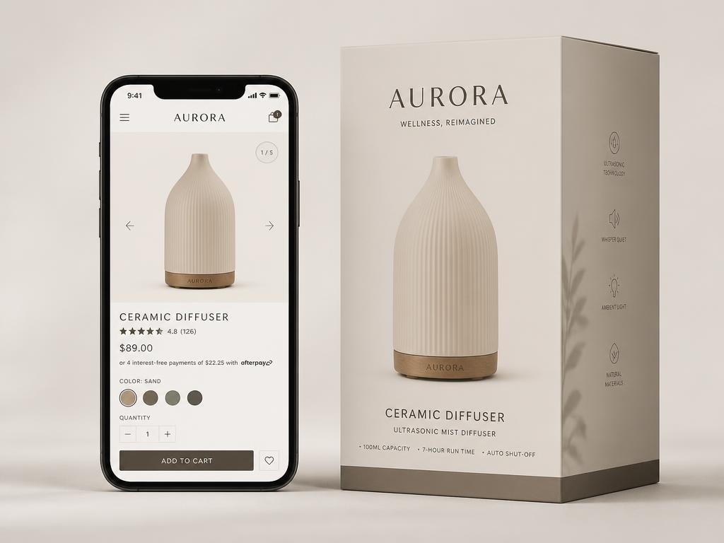 Product detail page on a phone next to consumer brand packaging