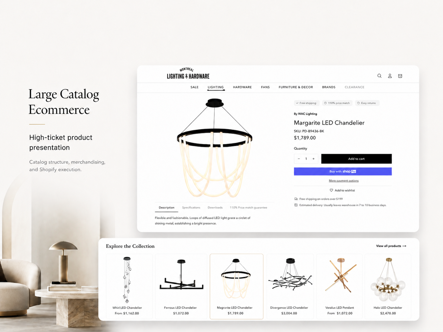 Montreal Lighting & Hardware storefront presenting a 100,000+ product catalog